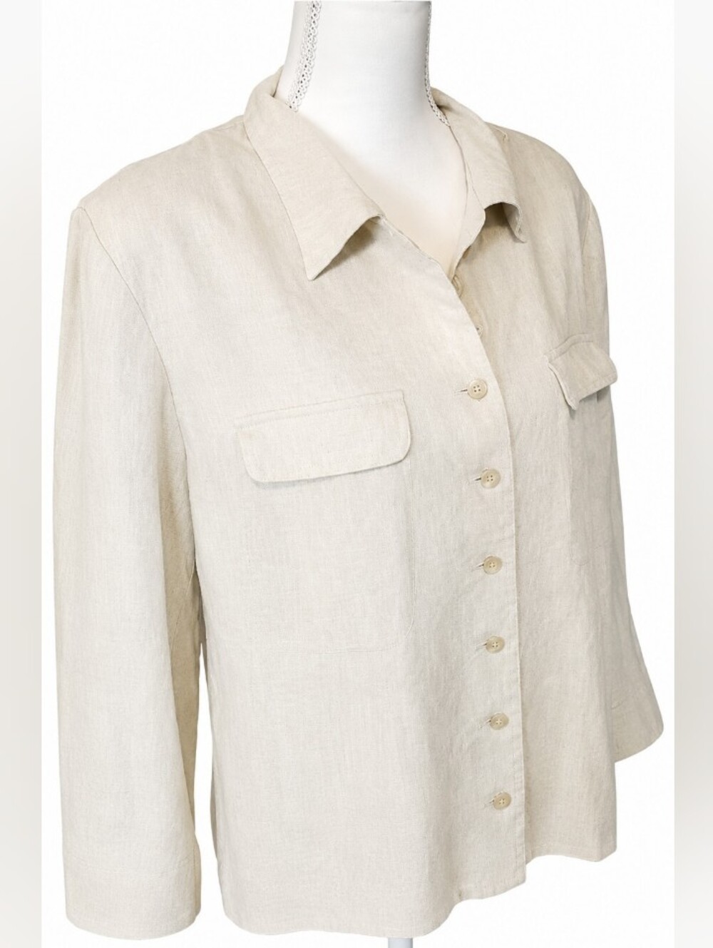Linen Button Front Shirt Jacket Flap With Pockets